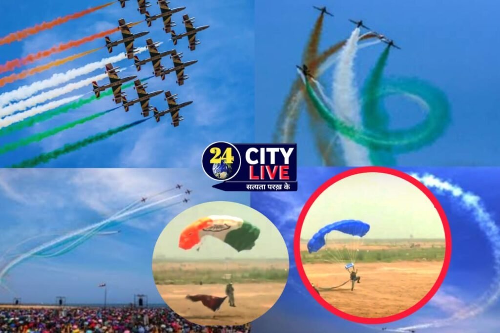 भारतीय वायुसेना की प्रसिद्ध सूर्य किरण एरोबैटिक टीम ने आसमान में करतब दिखाए; पटना में एयर शो का अद्भुत नजारा देखने को मिला।