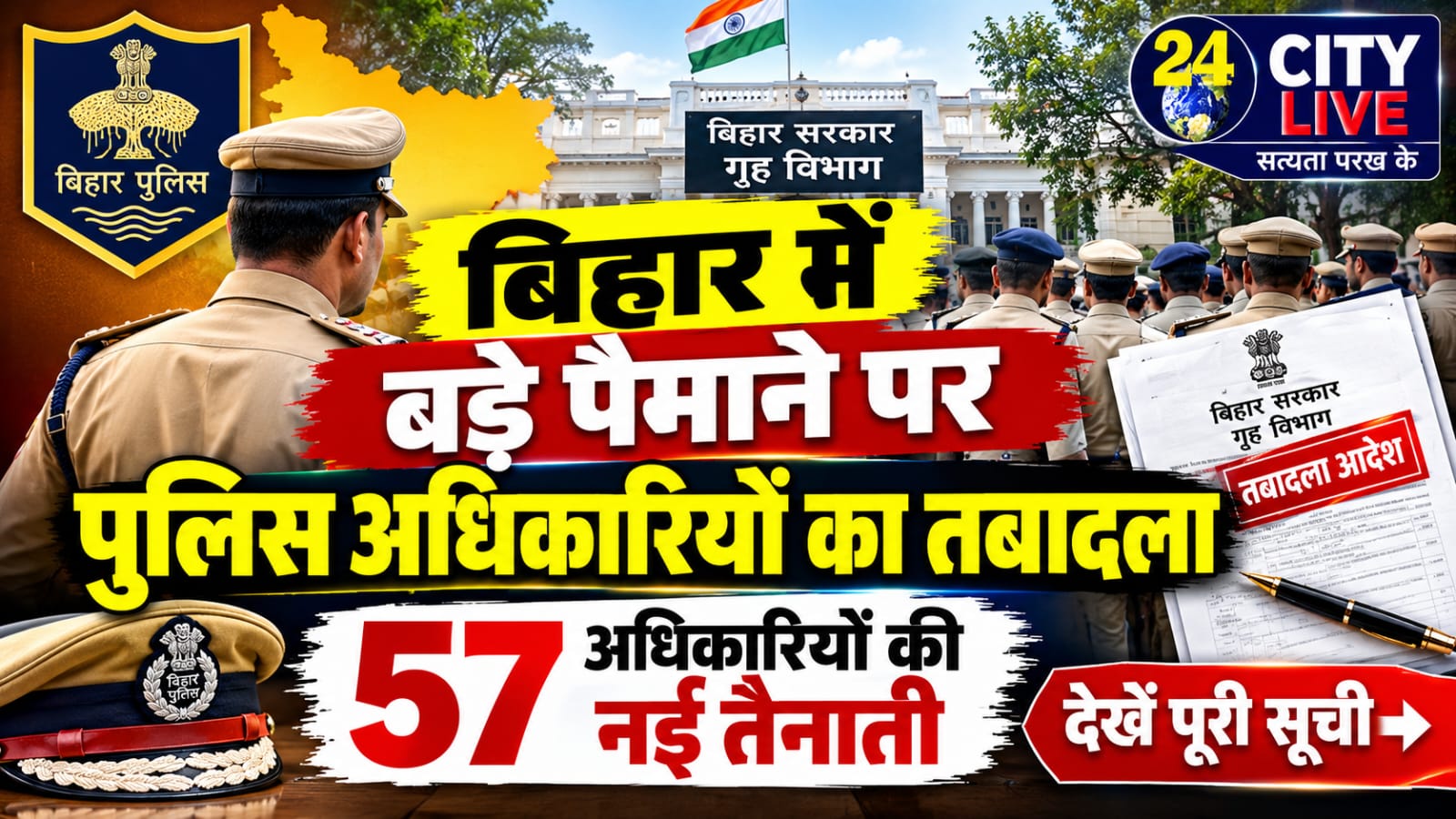 बिहार में बड़े पैमाने पर पुलिस अधिकारियों का तबादला: IPS व BPS अधिकारियों समेत 57 अधिकारियों की नई तैनाती, देखें पूरी सूची